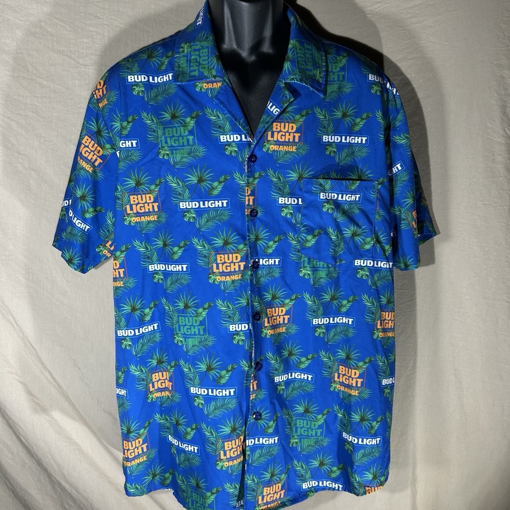 Bud Light Men's Hawaiian Shirt Size XL Blue Tropical Lime Orange Short Sleeve